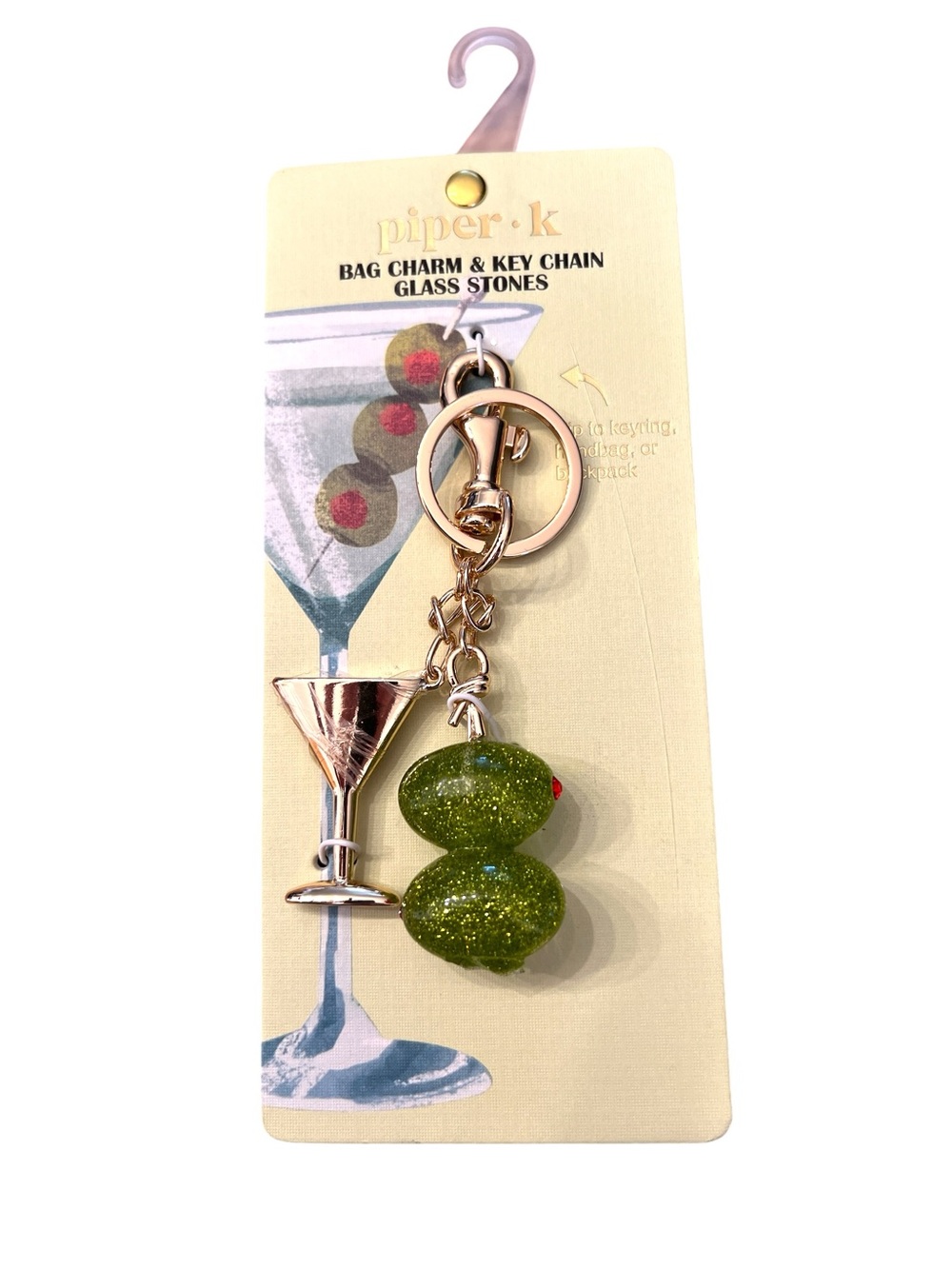 Piper Olive Martini Keychain in Glitter Green and Rose Gold